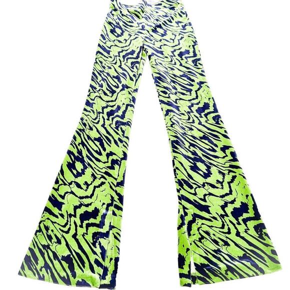 Zara Retro Swirl Split Hem Printed Jegging Wide Leg Green Blue Size Small - Picture 3 of 9